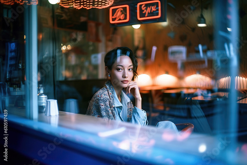 An outdoor window of a coffee shop with neon sign lighting, window glares and reflections, depth of field, fashionable asian woman sitting at a table. Generative AI