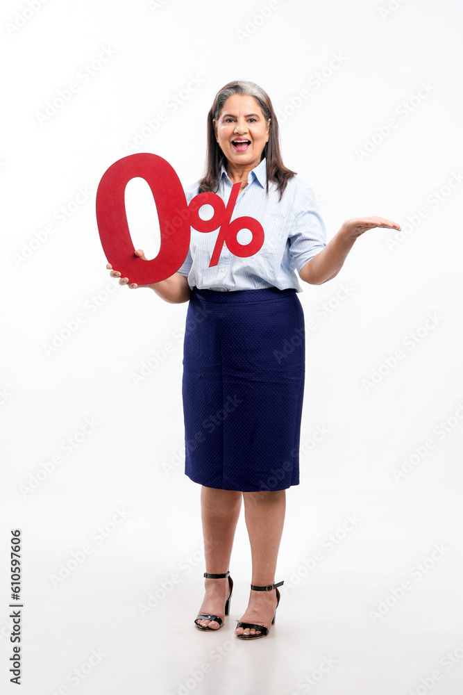 Indian woman showing zero percent sign on white background. Indian woman showing zero percent sign on white background.