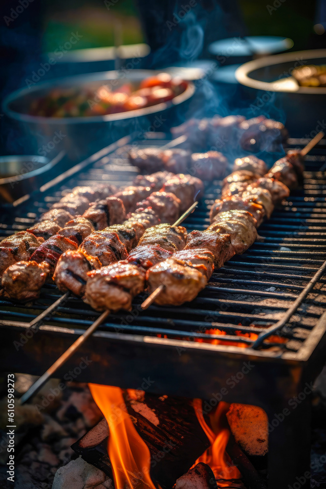 Tasty Grilled meat skewers, shish kebab with vegetables prepare on fire. Generative AI