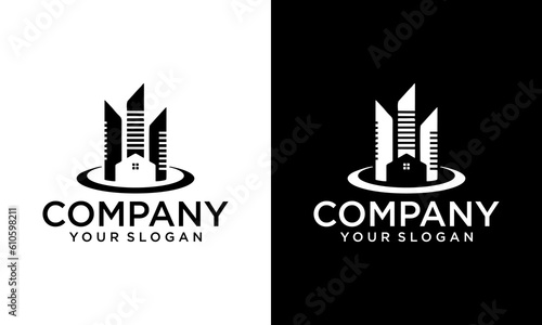 Real Estate Logo design vector template Linear style. House on Water wave Logotype concept icon.