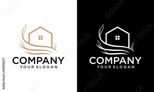 Green house vector logo template. Vegan symbol, eco logo. Leaf and natural logo concept.