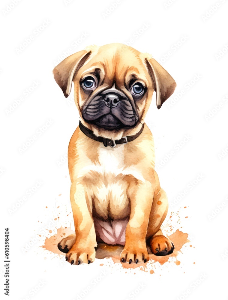 Cute Pug puppy on white background, cartoon watercolor illustration. Generative AI.
