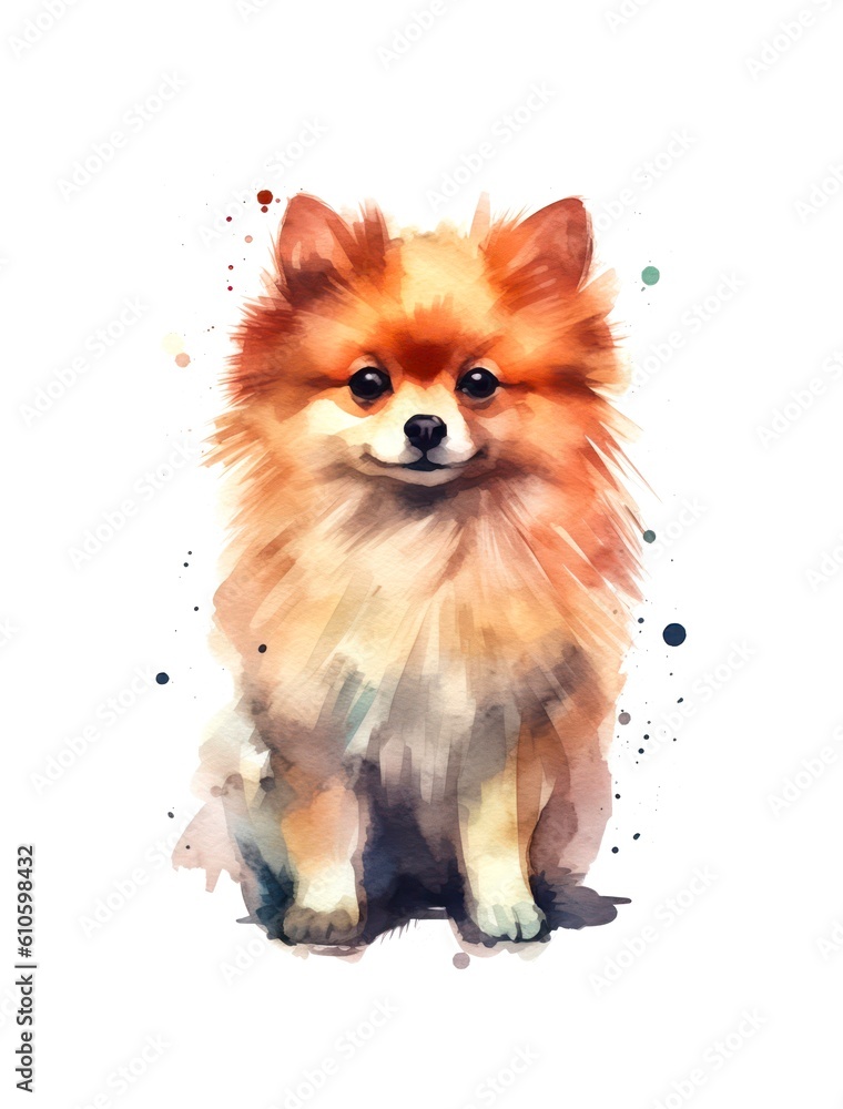 Cute Pomeranian Spitz dog on white background, cartoon watercolor illustration. Generative AI. Cute Pomeranian Spitz dog on white background, cartoon watercolor illustration. Generative AI.