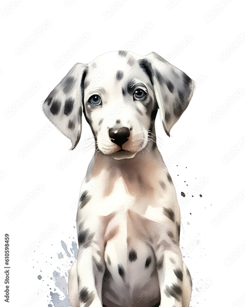 Cute Dalmatian puppy on white background, cartoon watercolor illustration. Generative AI.