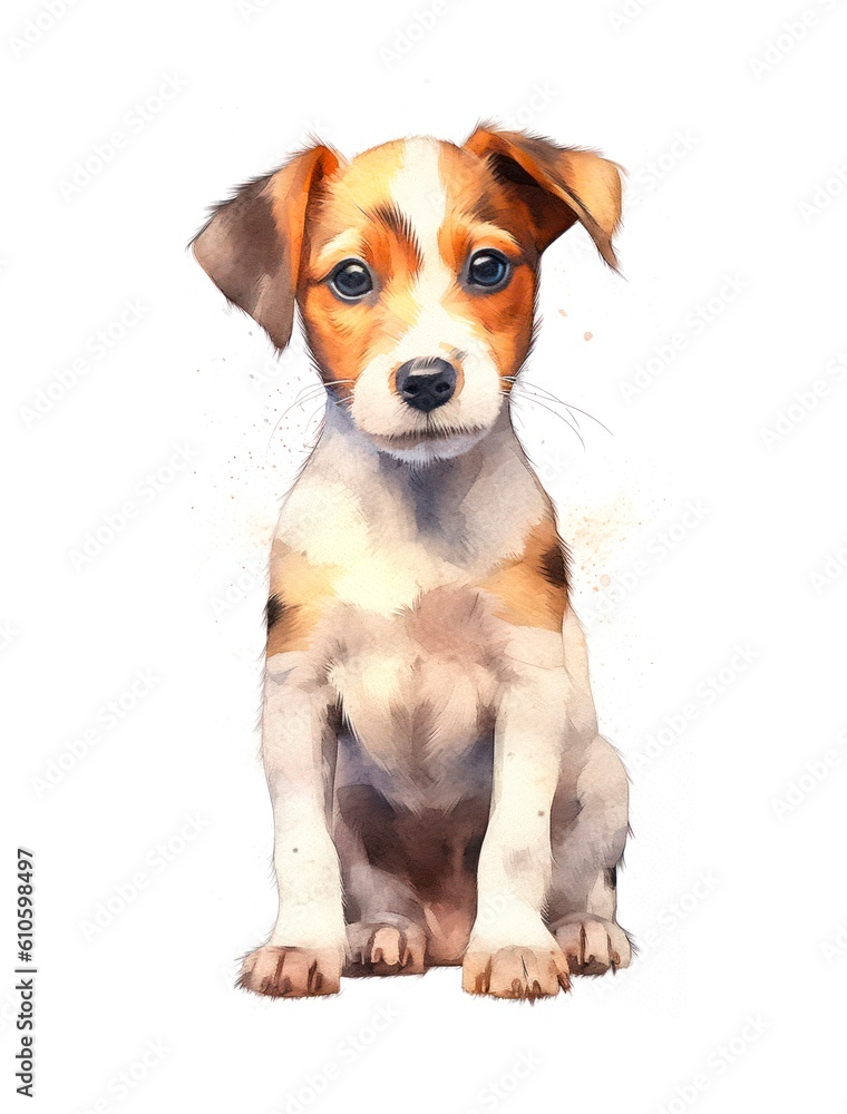 Cute Jack Russell Terrier puppy on white background, cartoon watercolor illustration. Generative AI.