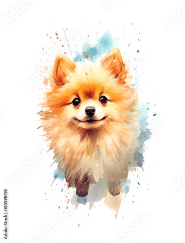 Cute Pomeranian Spitz puppy on white background, cartoon watercolor illustration. Generative AI. © Hanna