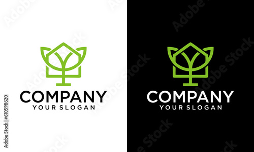 Green house vector logo template. Vegan symbol, eco logo. Leaf and natural logo concept.