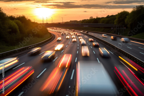 Heavy traffic moving at speed on UK motorway in England at sunset motion blur