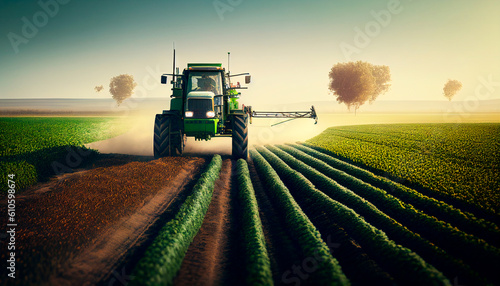 Tractor spraying pesticides on soybean field with sprayer at spring. Agricultural soy plantation on sunny day. Green growing soybeans plant against sunlight, generative ai