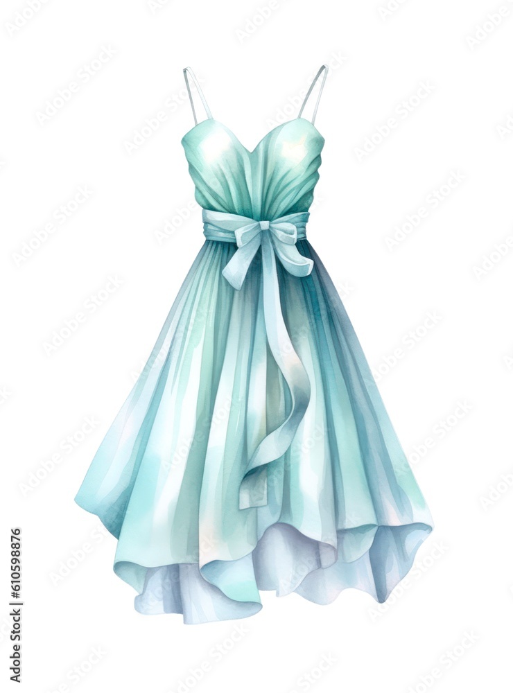 Watercolor illustration of a light blue female dress isolated on white background. Generative AI. Watercolor illustration of a light blue female dress isolated on white background. Generative AI.