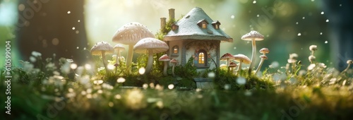 little mushroom house on green meadow with sunlight
