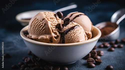 Bowl of delicious chocolate and coffee ice cream with coffee beans. Generative AI and digital editing.