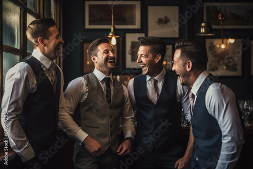 The groom and his groomsmen getting ready together, sharing a laugh. Wedding, preparations for the wedding, bokeh Generative AI photo