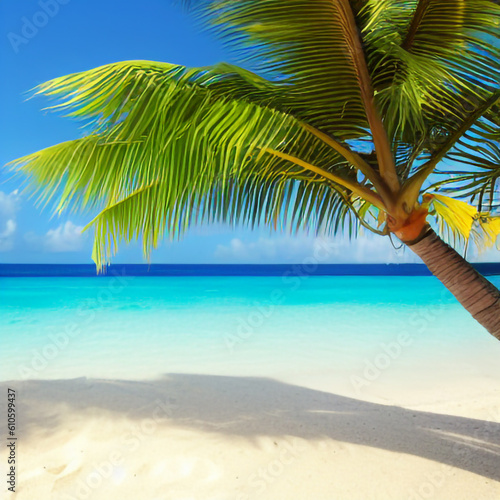 The beach is bright, palm trees sand water, rest on the beach, Generative ai