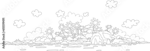 Small desert island with rocks and palms in a tropical sea, black and white vector illustration in a cartoon style for a coloring book
