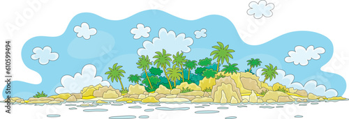 Small Desert Island with rocks and palms in a tropical sea, vector cartoon illustration isolated on a white background
