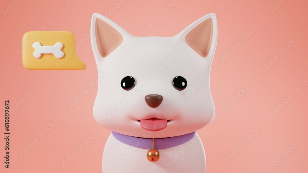 Obraz premium 3D Render. Pink background with a 3D Puppy with cute white color wearing a blue dog collar think about a sweet bone.