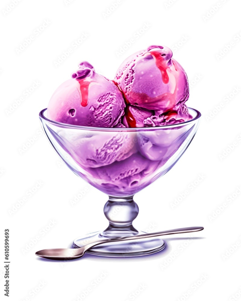 Watercolor illustration of violet ice cream scoops in a glass saucer isolated on white background. Generative AI. Watercolor illustration of violet ice cream scoops in a glass saucer isolated on white background. Generative AI.