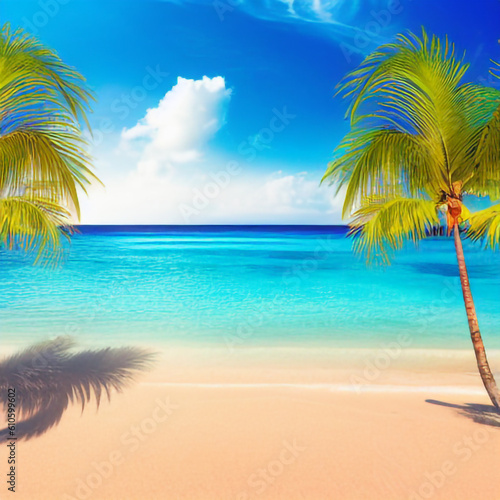The beach is bright  palm trees sand water  rest on the beach  Generative ai