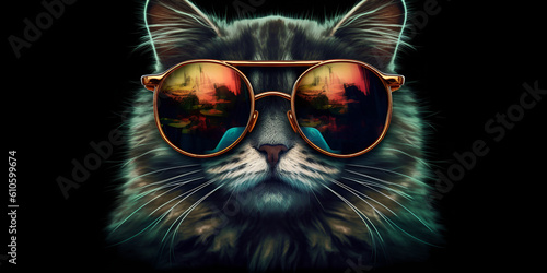 Portrait of a macho cat wearing a black leather jacket and stylish black sunglasses. Posing as a motorcyclist model. Artistic digital painting. Professional studio shooting
