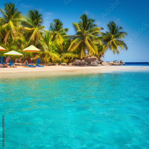 The beach is bright, palm trees sand water, rest on the beach, Generative ai © LIUBOMYR