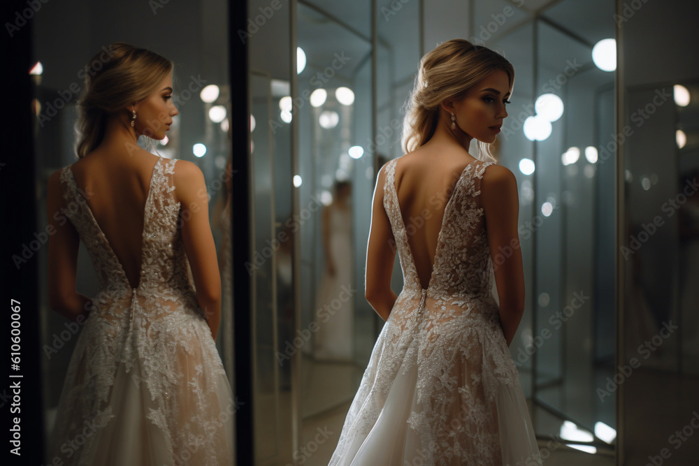Naklejka premium The bride's reflection in a mirror as she admires herself in her wedding gown. Wedding, preparations for the wedding, bokeh Generative AI