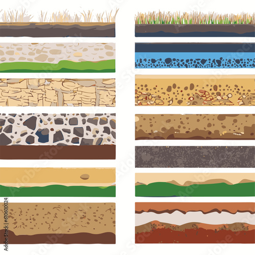 Seamless ground cross sections,layers under earth underground textures set. vector illustrations