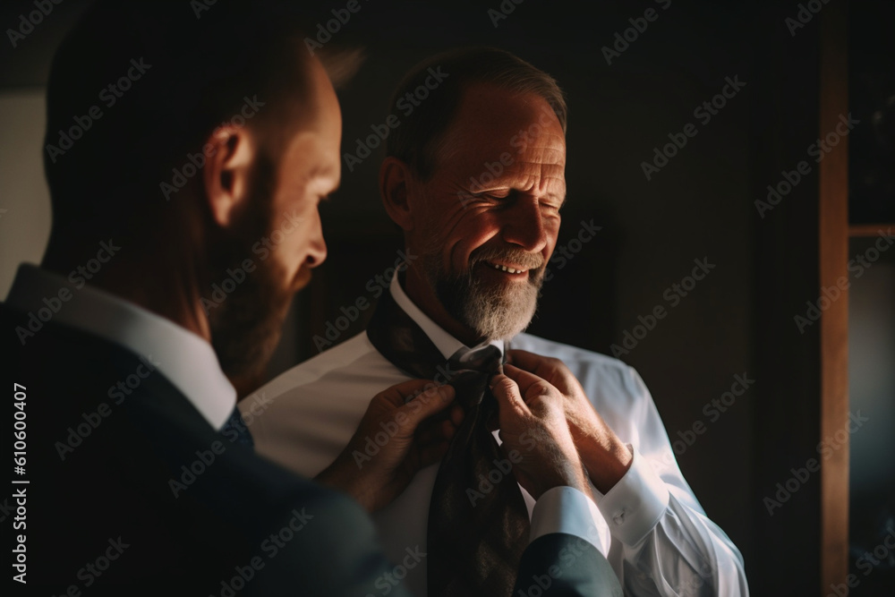The groom's father adjusting his son's tie with pride. Wedding, preparations for the wedding, bokeh Generative AI - obrazy, fototapety, plakaty 