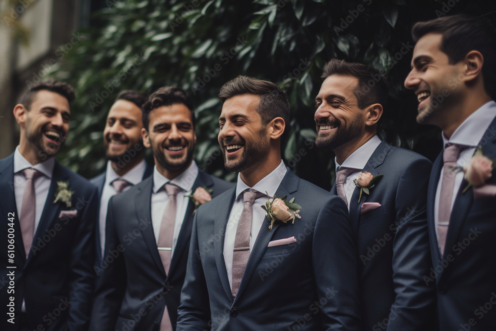 The groom and his groomsmen sharing a heartfelt moment of camaraderie before the ceremony begins. Wedding, preparations for the wedding, bokeh Generative AI The groom and his groomsmen sharing a heartfelt moment of camaraderie before the ceremony begins. Wedding, preparations for the wedding, bokeh Generative AI