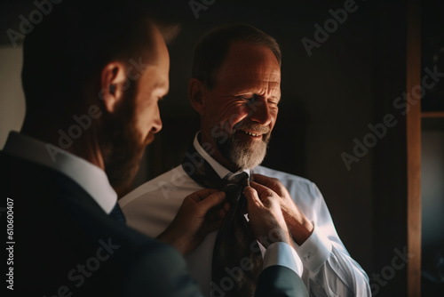 Fototapeta The groom's father adjusting his son's tie with pride