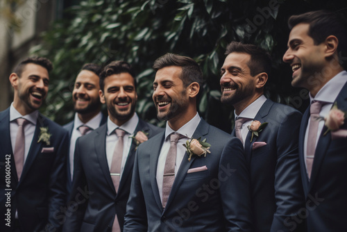 The groom and his groomsmen sharing a heartfelt moment of camaraderie before the ceremony begins. Wedding, preparations for the wedding, bokeh Generative AI photo