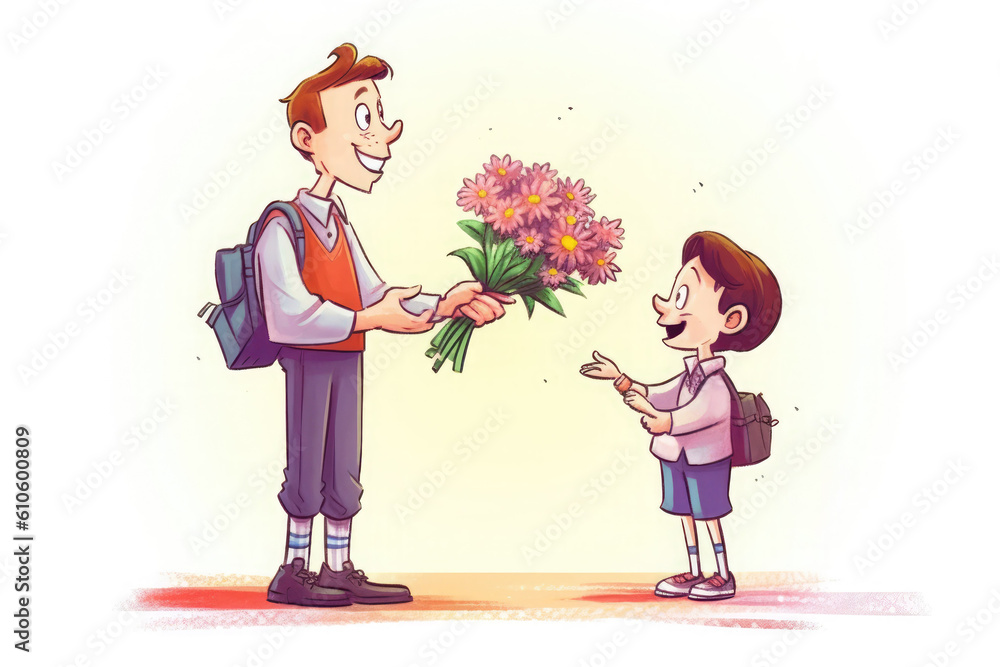 Cartoon schoolboy giving flowers to the teacher on the first day of school. Generative AI Cartoon schoolboy giving flowers to the teacher on the first day of school. Generative AI
