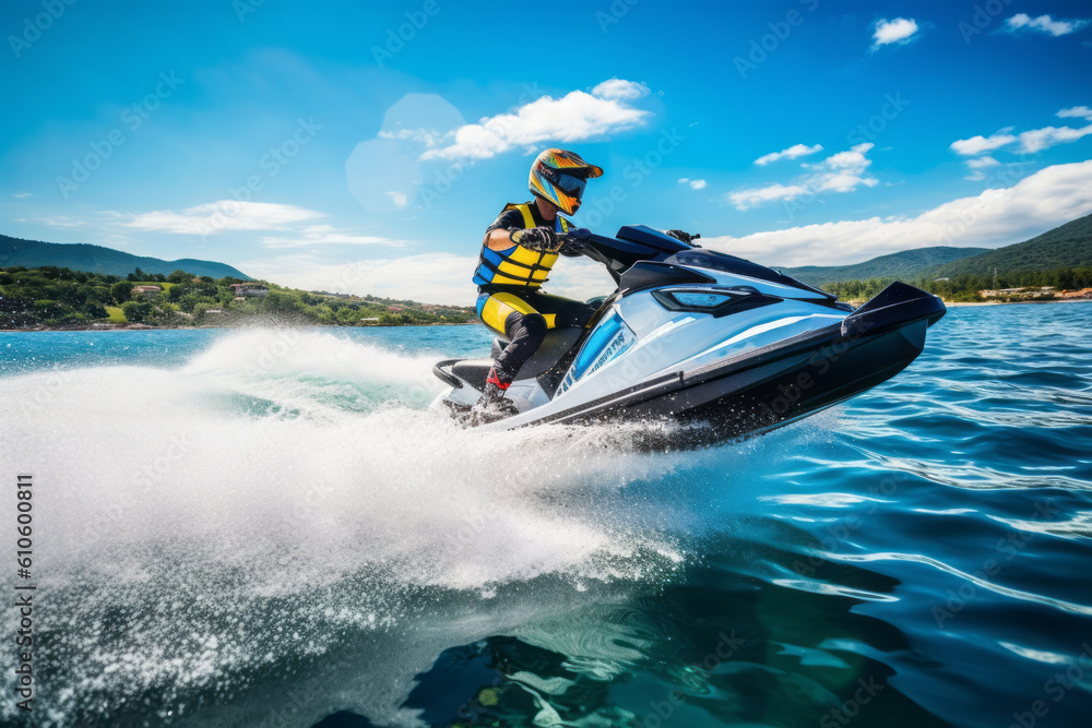 Fototapeta premium An action-packed image featuring engaging in thrilling water sports such as jet skiing. Concept the spirit of adventure and summer excitement. Generative AI