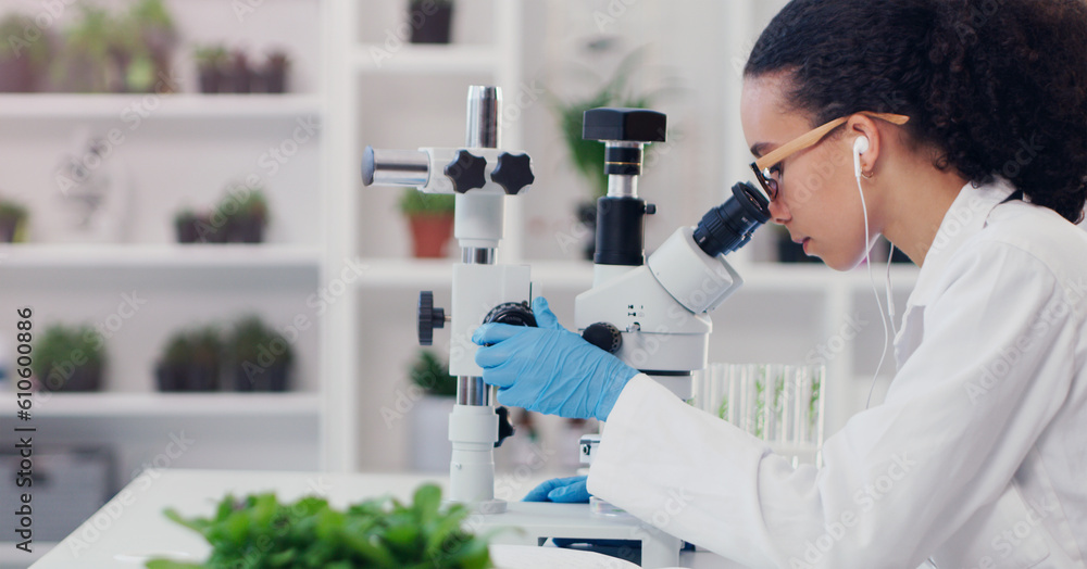 Science, microscope and plant with woman in laboratory for medical, pharmacy and research. Biotechnology, ecology and healthcare with gmo scientist and test tube for biology, vaccine and medicine - obrazy, fototapety, plakaty 