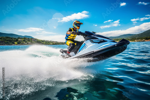 An action-packed image featuring engaging in thrilling water sports such as jet skiing. Concept the spirit of adventure and summer excitement. Generative AI © bluebeat76