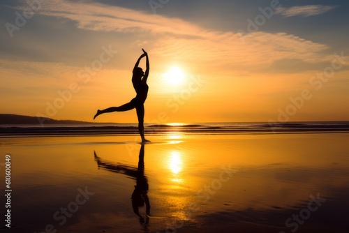Sunset Yoga: Woman Practicing Yoga on a Serene Beach during the Golden Hour. Generative Ai © bluebeat76