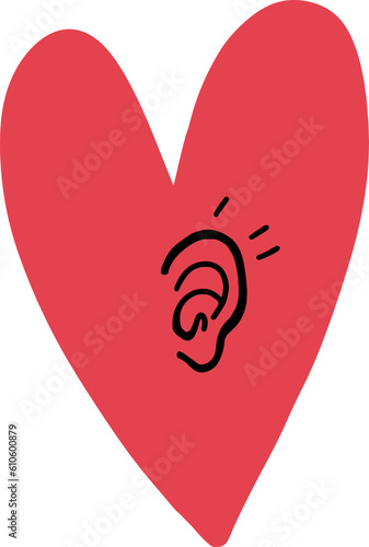 Heart symbol with ear inside isolated on white. Conception of listen your heart