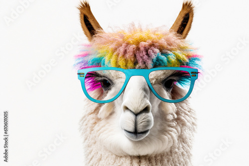 Cartoon colorful lama with sunglasses on isolated background. Created with generative ai