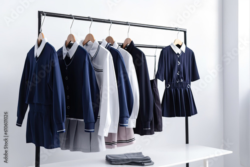 Bright dressing room with a school uniform for a girl. Generative AI