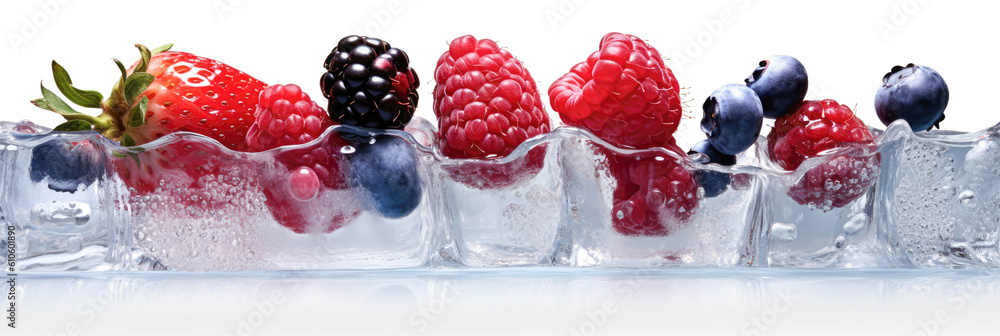 Halb in Eiswürfel eingefrorene Erdbeeren, Himbeeren, Brombeeren und Blaubeeren isoliert vor weißem Hintergrund im Panorama-Format. Generative AI