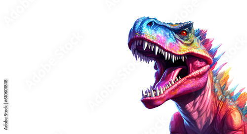 Cartoon colorful T-Rex dinosaur on isolated background, copy space. Created with generative ai © innluga