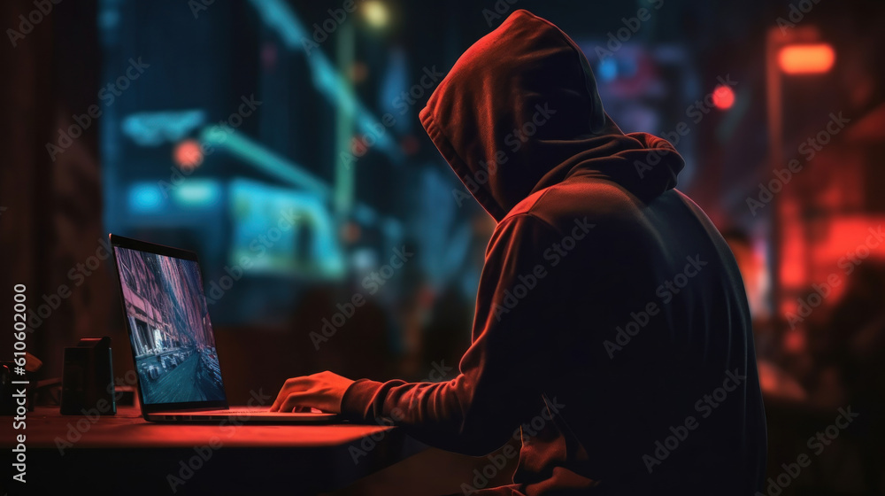 Developer or the hacker or player is seen from the back in a dark sweatshirt. Neon background Developer or the hacker or player is seen from the back in a dark sweatshirt. Neon background