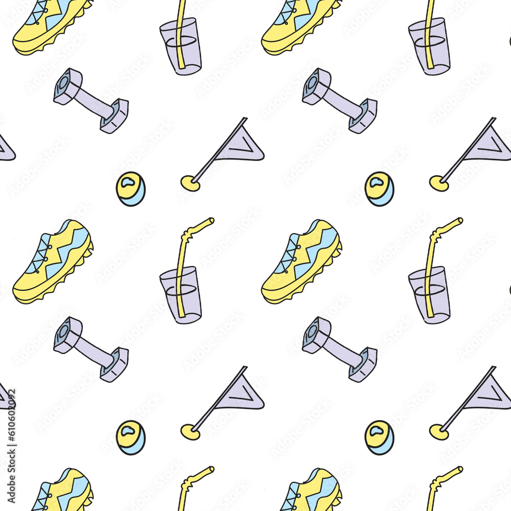 Pattern of sport elements made in doodle style. Doodle lettering sport for banner design. Cute cartoon character. Pattern of sport elements made in doodle style. Doodle lettering sport for banner design. Cute cartoon character.