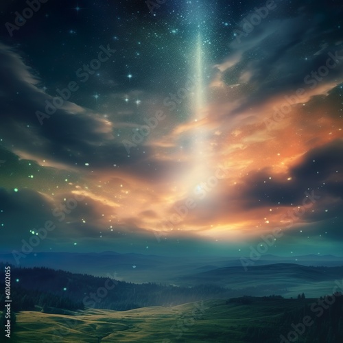 Beautiful celestial sky in dreamy fantasy with bright star in the sky over nature landscape. distinct generative AI  © Kay