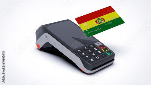 Bolivia country national flag on credit bank card with POS point of sale terminal payment isolated on white background with empty space 3d rendering image realistic mockup