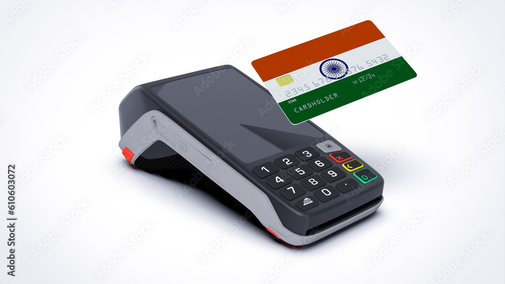 India country national flag on credit bank card with POS point of sale terminal payment isolated on white background with empty space 3d rendering image realistic mockup India country national flag on credit bank card with POS point of sale terminal payment isolated on white background with empty space 3d rendering image realistic mockup