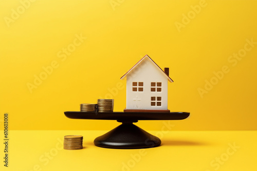 House and coin on balancing scale on yellow background