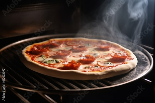 Hot supreme thin crust pizza cooking in oven with steam and smoke
