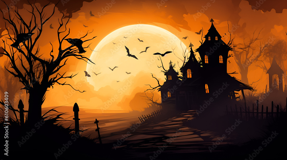 Spooky Halloween background with castle, bats, crows, full moon.