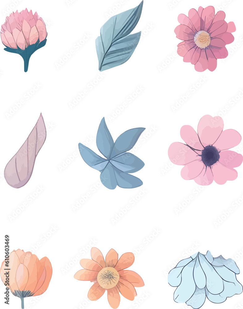 Flower And Leaf Set, Vector Watercolor Flower Design Set